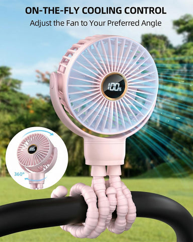 Portable Stroller Mini Fan, Small Rechargeable Personal Cooler w/ 360° Rotation, 3-Speed, Display, Battery Powered Stroller Accessories, Baby Essentials for Car Seat, Crib, Bike, Treadmill, Sakura