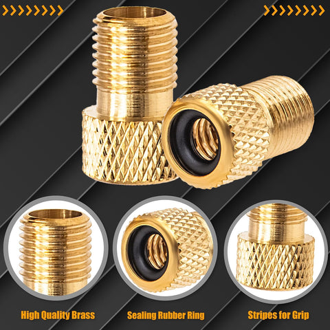 2PCS Brass Presta Valve Adapter, Convert Presta to Schrader Adaptor, Inflate Tire Using Standard Pump or Air Compressor for Bikes, 2 Pack Black Tire Valve Caps(Reticulated Grain Style)