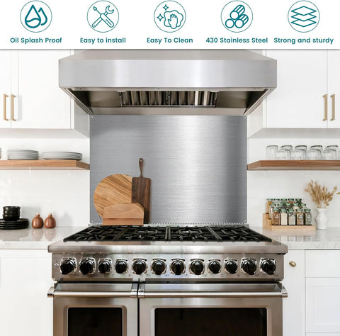 24" x 30" Stainless Steel Backsplash for Stove - Ultra Flat Metal Splatter Guard for Kitchen Wall, Stove Backsplash Panel with 4 Pre-Drilled Holes, Easy Install