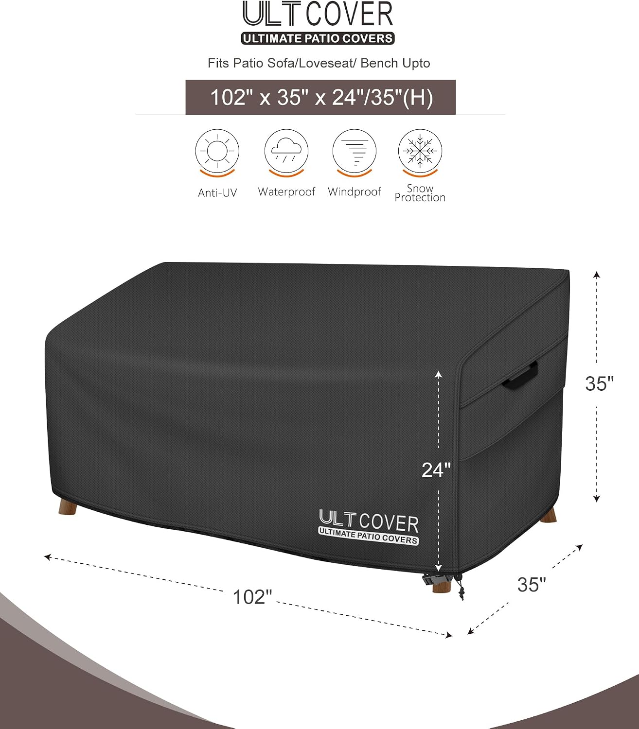 ULTCOVER Waterproof Patio Furniture Sofa Cover 102W x 35D x 35H in, Black