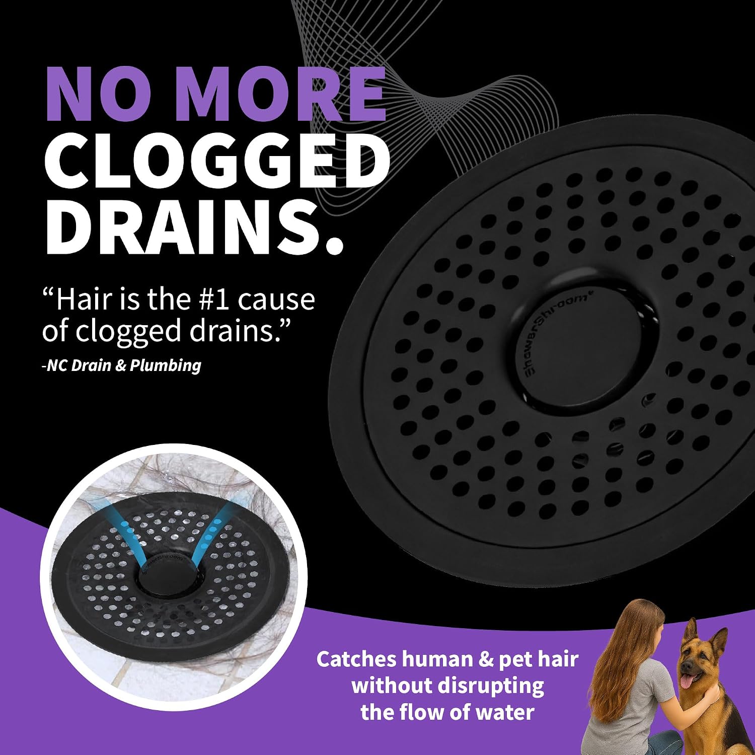ShowerShroom Ultra Matte Black Hair Catcher, Stainless Steel Drain Protector, Fits All Shower Drains