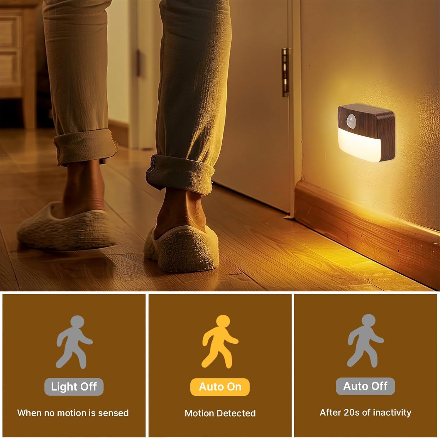 Guankai 16 Pack Motion Sensor Stair Light for Indoor, Battery Operated Closet Lights, Wireless Stick on Anywhere Hallway Lamp, Portable Led Night Lamps for Bedroom Under Cabinet Kitchen, Wood Grain