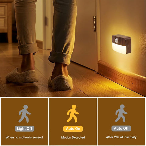 Guankai 3 Pack Motion Sensor Stair Light for Indoor, Battery Operated Closet Lights, Wireless Stick on Anywhere Hallway Lamp, Portable Led Night Lamps for Bedroom Under Cabinet Kitchen, Wood Grain