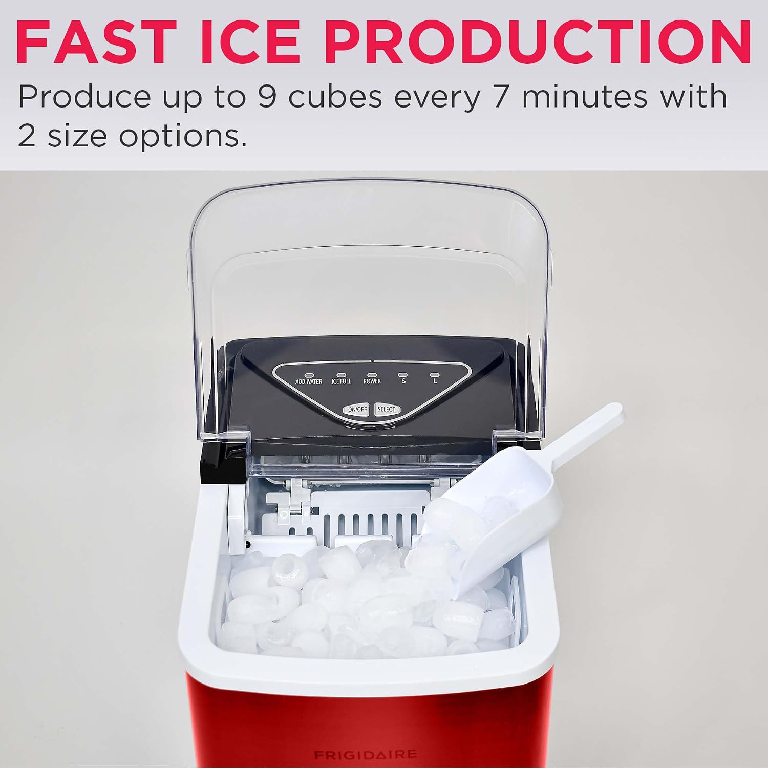 Frigidaire Compact Countertop Ice Maker, 26lbs of Ice per Day, Red Stainless