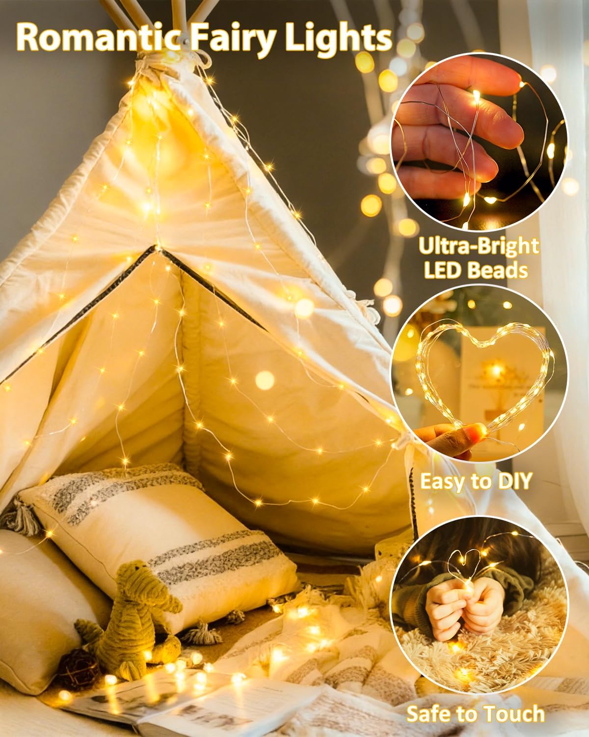 4 Pack 100 LED Fairy Lights Battery Operated with Remote, 33 FT Warm White