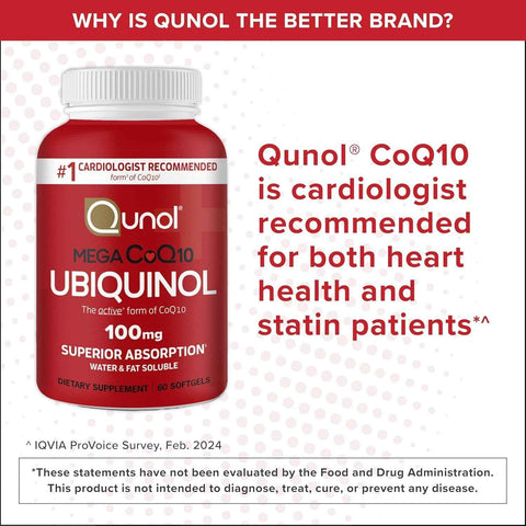 Qunol Mega Ubiquinol CoQ10 100mg, Superior Absorption, 100 Softgels | #1 Cardiologist Recommended Supplement for Heart Health, Coenzyme Q10 Supplement to support Vascular Health & Cellular Energy