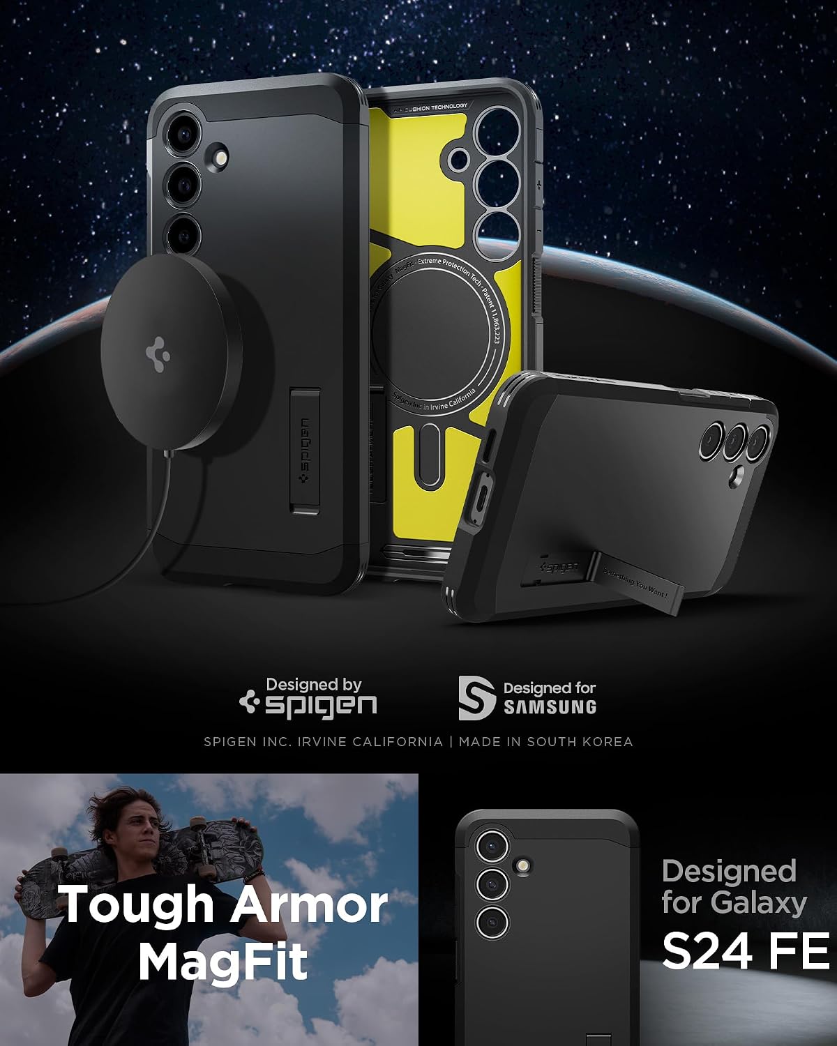 Spigen for Galaxy S24 FE Case, Tough Armor MagFit [Kickstand] [Compatible with MagSafe] [Military-Grade Protection] - Black