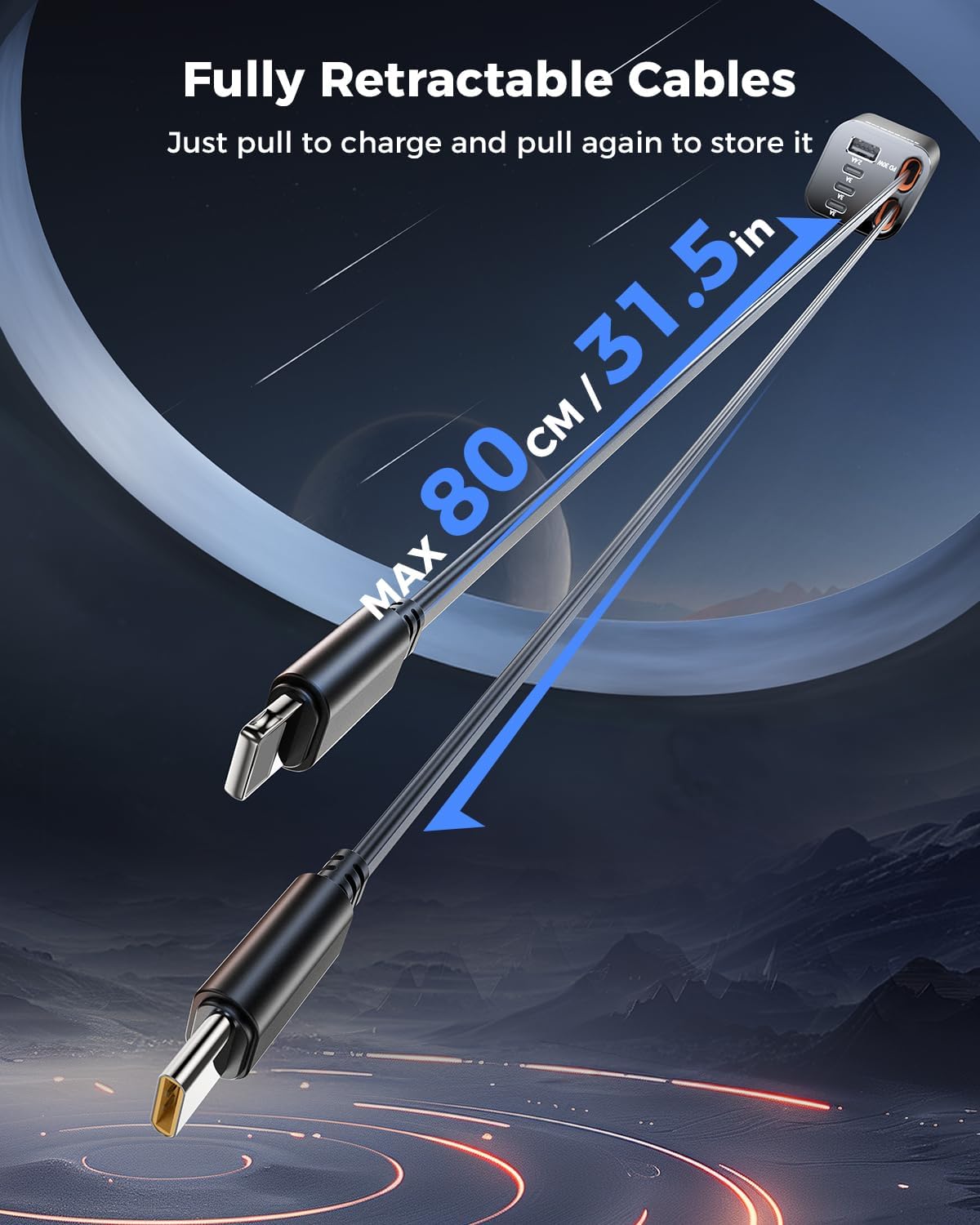 Retractable Car Charger, SUPERONE 99W Car Phone Charger with Cables Fast Charging, USB C Car Charger Adapter for iPhone 17 16 15 14 13 12, Samsung, Black (Pack of 2)