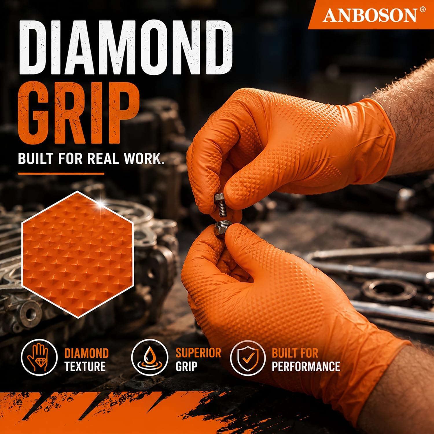 ANBOSON 10 Mil Heavy Duty Diamond Texture Nitrile Gloves, X-Large, 100 Ct