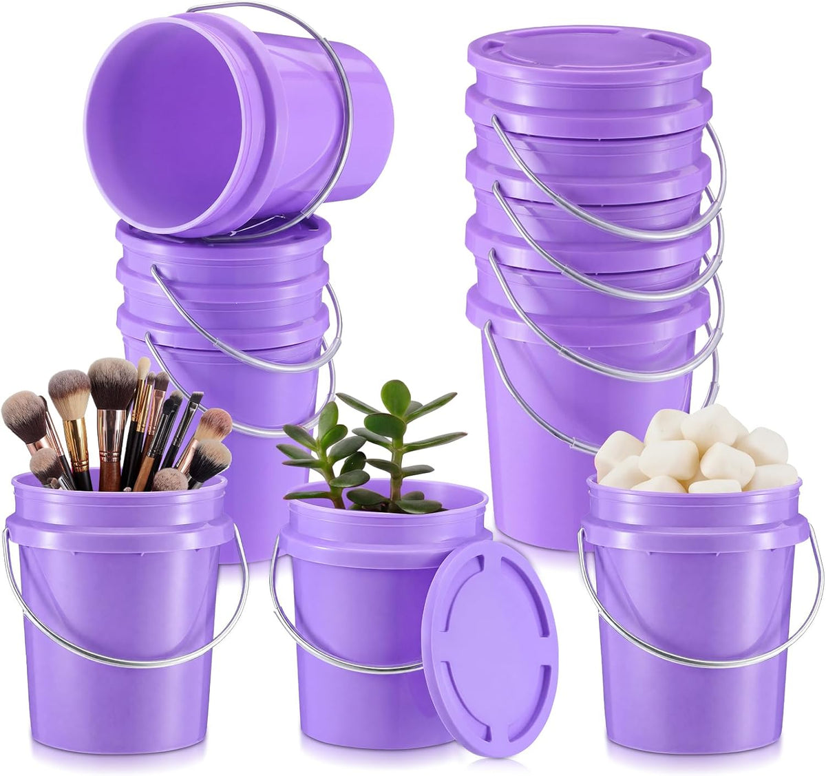 Hushee 12 Pcs Mini Plastic Buckets with Lids, 0.4 Quart, Purple
