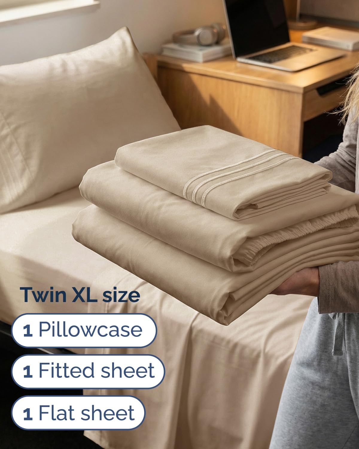 Twin XL 3 Piece Sheet Set - College Dorm Room Essentials - Cream