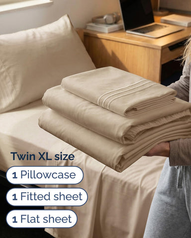 Twin XL 3 Piece Sheet Set - College Dorm Room Essentials - Cream