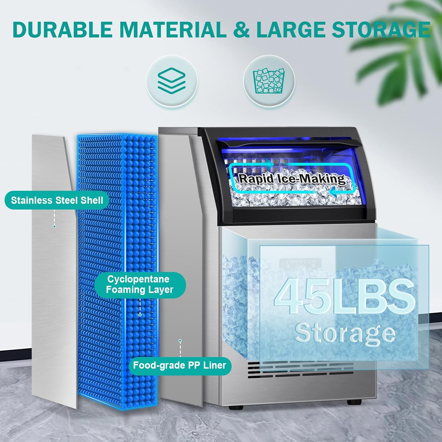 Commercial Ice Maker Machine, 150lbs/24H with 45Lbs Storage Bin, 55Pcs Ice Cubes 8Mins, Tap Add Water Freestanding Ice Maker Commercial for Home Bar Office