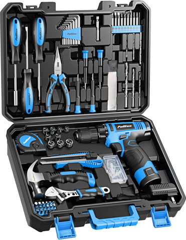 PULITUO Tool Set, 149-Piece Home Drill Set with Blue 12V Cordless Drill, Tool Box, Hand Tool Kits for Women & Men and DIY Enthusiasts, for Home Improvement