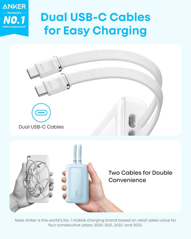 Anker Power Bank,20,000mAh 45W Portable Charger,Dual Built-in USB-C Cables