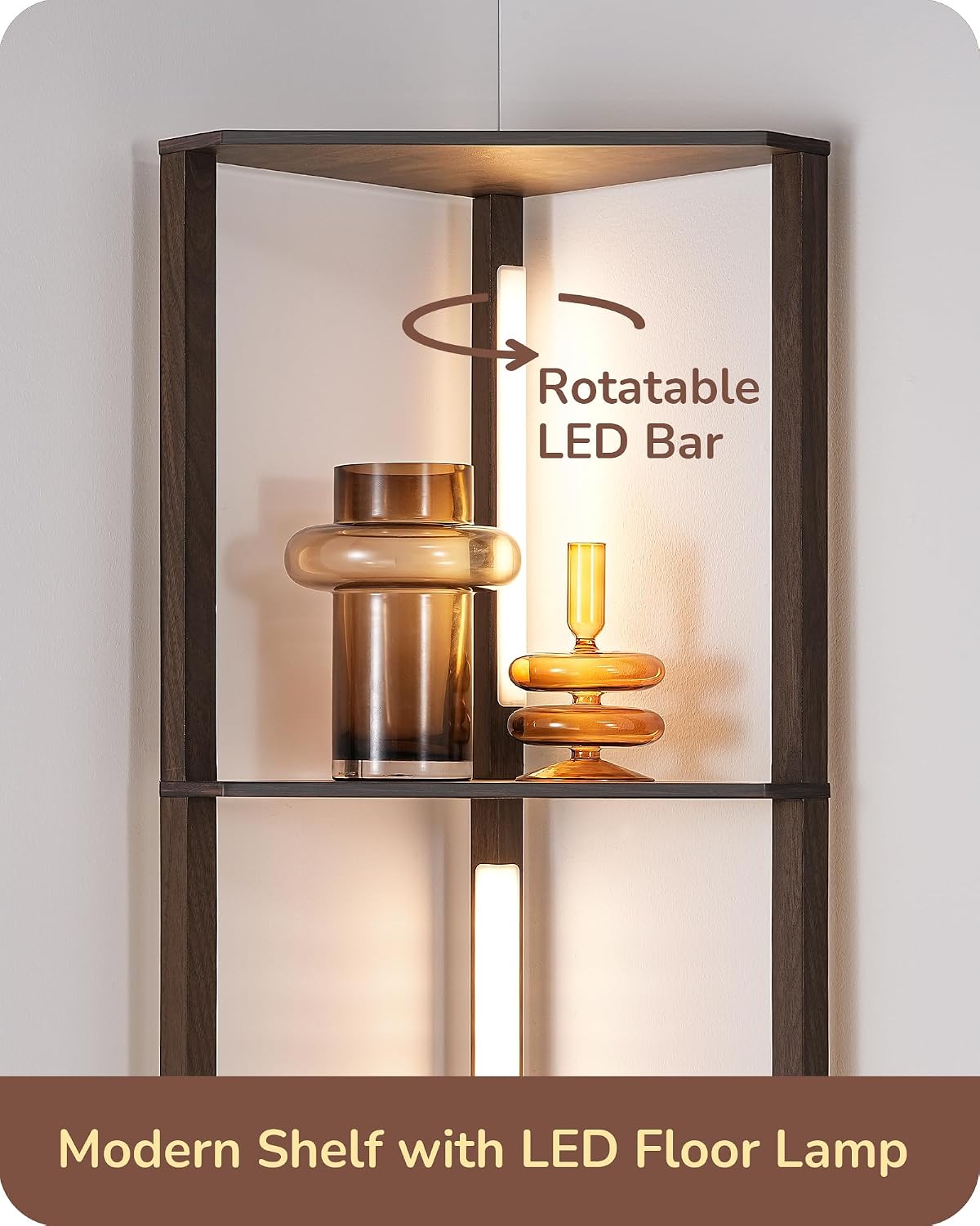 EDISHINE LED Corner Floor Lamp with Shelves, 3CCT, for Living Room, Walnut