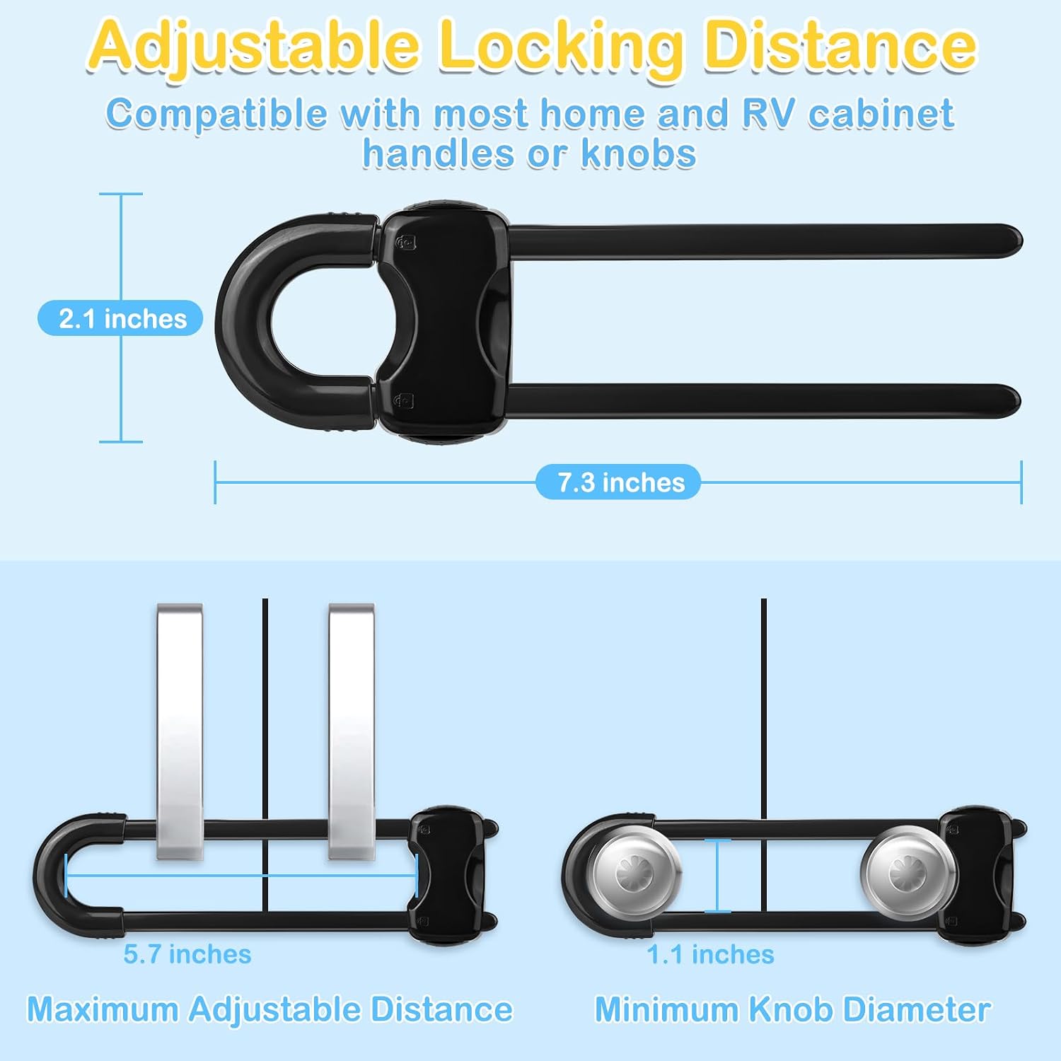 10 Pcs Sliding Cabinet Latches, U Shaped Cabinet Door Locks, Baby Cabinet Safety Latches for Baby Proofing, No Drilling Tool-Free Installation Easy to Use for Knobs or Handle Double Door (Black)