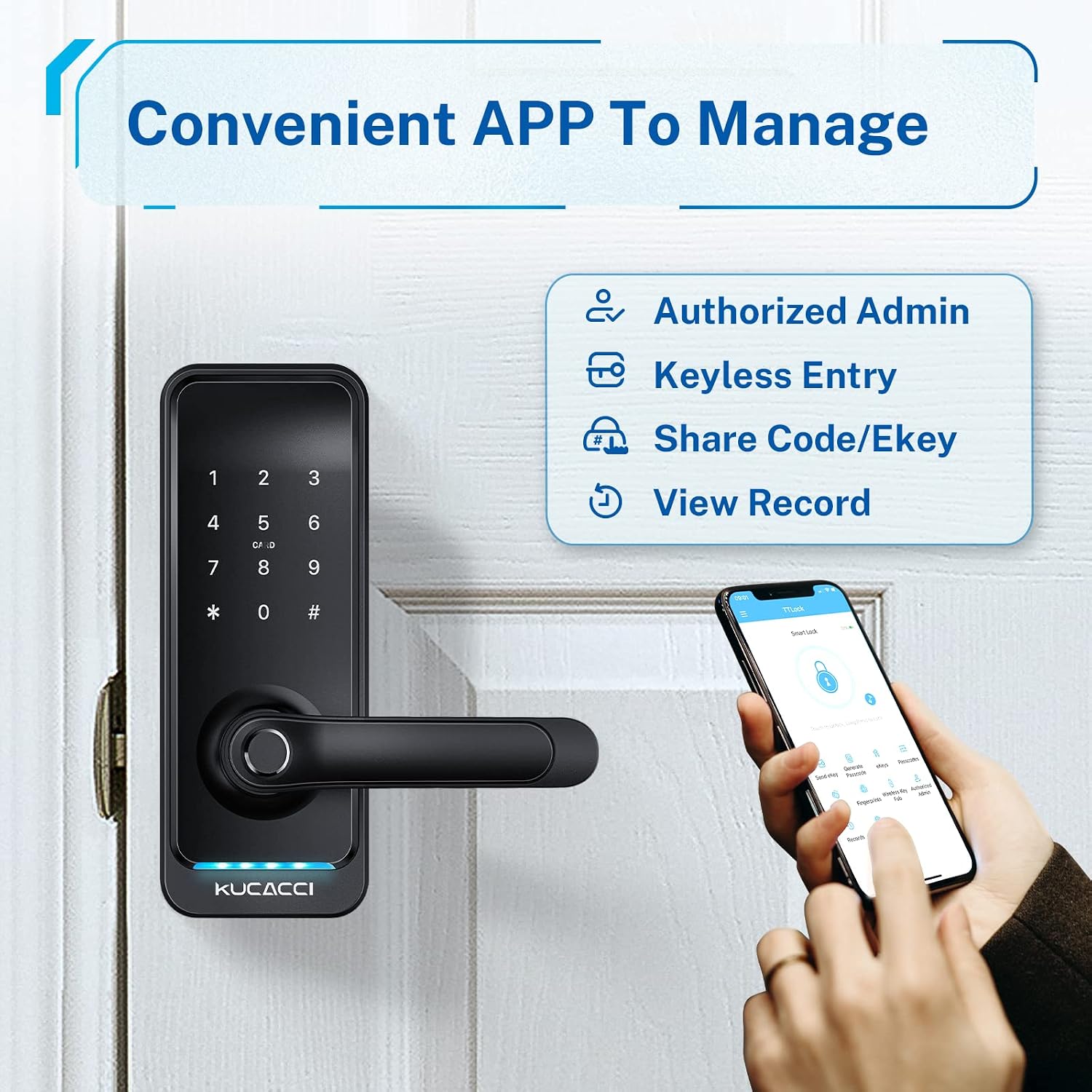 Smart Door Lock with Handle: Kucacci Keyless Entry Digital Door Lock for Front Door - Fingerprint Keypad Smart Dnob - Generate Passcode Remotely - App Control - Easy Installation(Black)