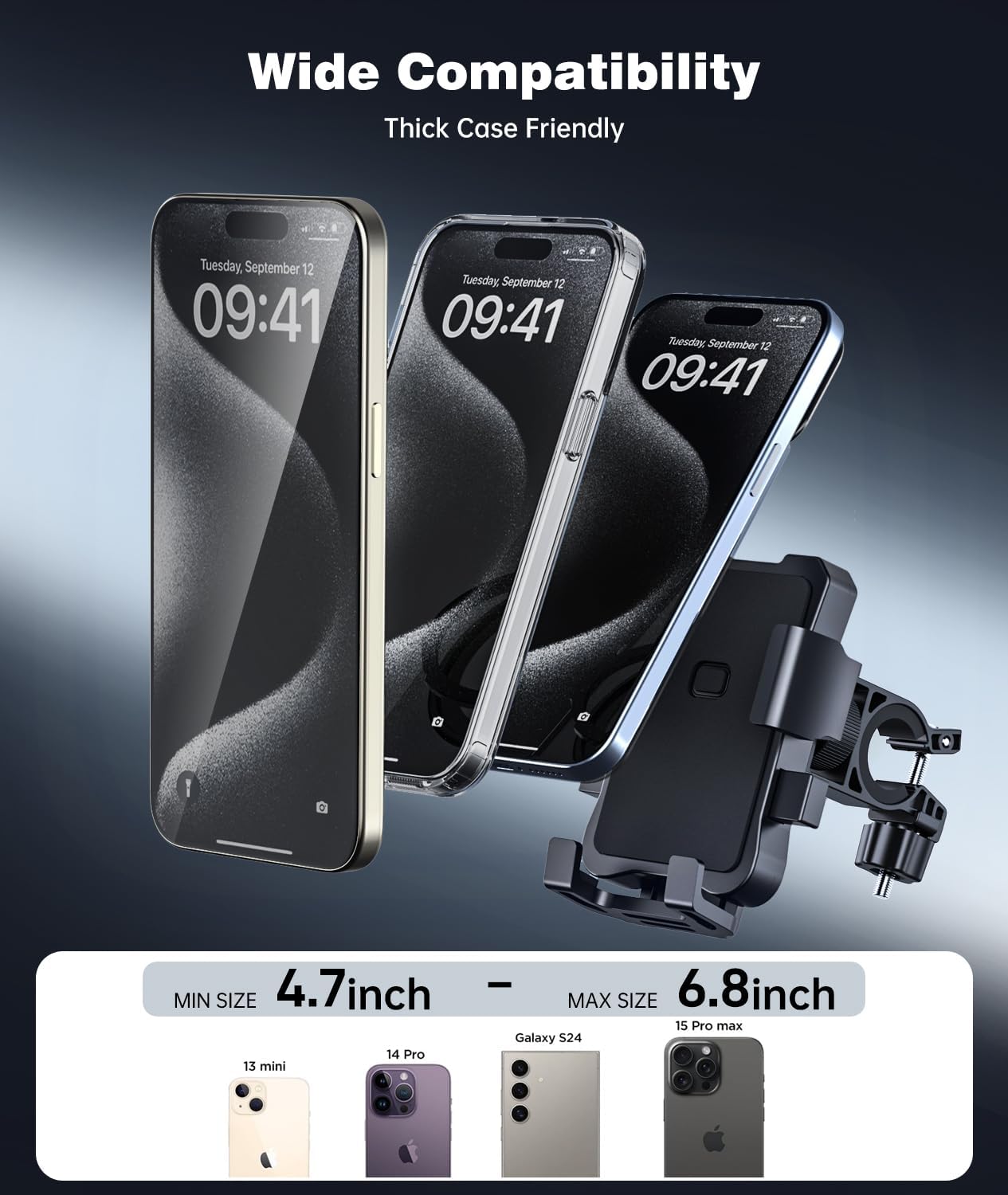 Bike Phone Holder Mount, Secure Handlebar Phone Mount Holder for Bike and Motorcycle, Suitable for iPhone and 4.5-6.8" Smartphones, Black