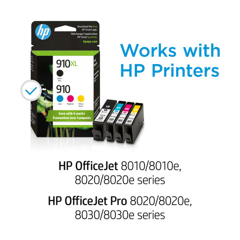 Original HP 910 Cyan, Magenta, Yellow / 910XL Black Ink Cartridges (4-pack) | Works with HP OfficeJet 8010, 8020 Series; HP OfficeJet Pro 8020, 8030 Series | Eligible for Instant Ink | 3JB41AN