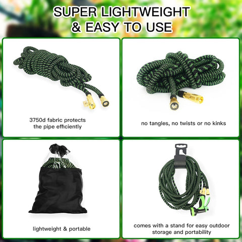 100 ft Expandable Garden Hose - Kink Free Flexible Water Hose 100ft with 10 Pattern Spray Nozzle, 3/4 Solid Brass Connectors, Retractable Latex Core - Lightweight Expanding Hose
