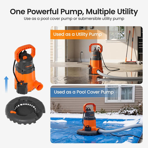 Cleartide Smart Automatic Water Pool Cover Pump,Submersible Pump Removes Water from Inground/Above Ground Winter Swimming Pools, 1/3 HP 2790 GPH, Auto On/Off & Freeze Protection, 25ft Cord, 120V AC