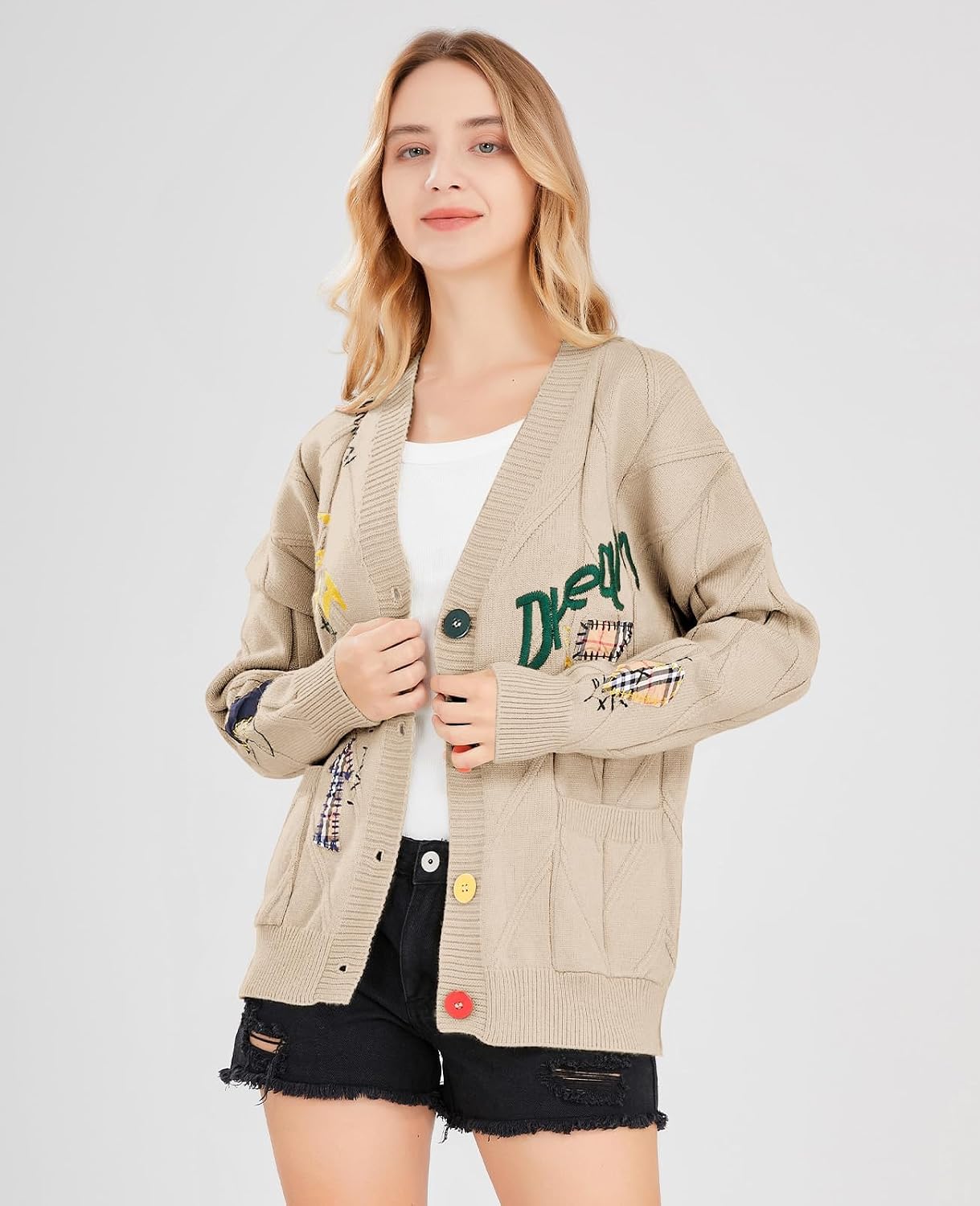 Women's Cable Knit Long Sleeve Open Front Cardigan Sheep V-Neck Button Down Embroidery Wool Blend Sweater Coat Outwear