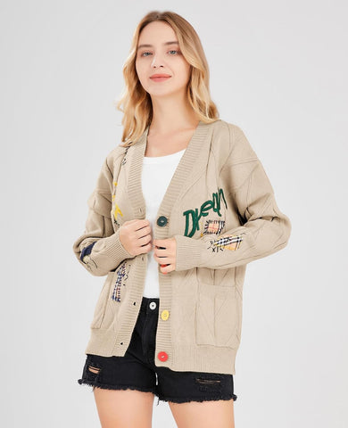 Women's Cable Knit Long Sleeve Open Front Cardigan Sheep V-Neck Button Down Embroidery Wool Blend Sweater Coat Outwear