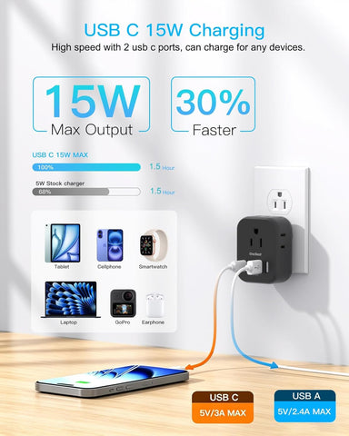 Travel Cruise Ship Essentials, Mini Multi Plug Wall Outlet Extender, Black