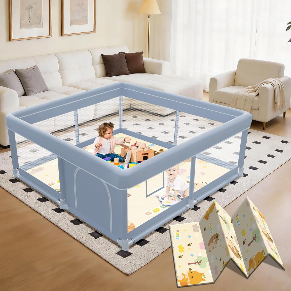 XVISHX 50 x 50 Inch Baby Playpen with Mat, Playpen for Babies and Toddlers, Baby Playard for Indoor & Outdoor Active Center Game Fence, with Skin-Friendly Fabric and Soft Breathable Mesh, Grey