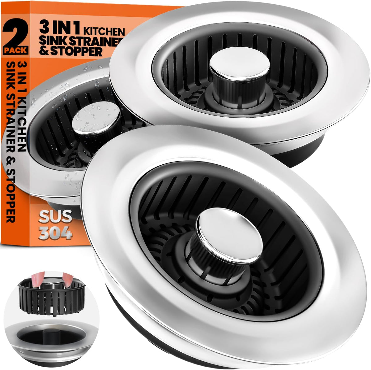 3 in 1 Kitchen Sink Drain Strainer Stopper Basket Pop Up Black
