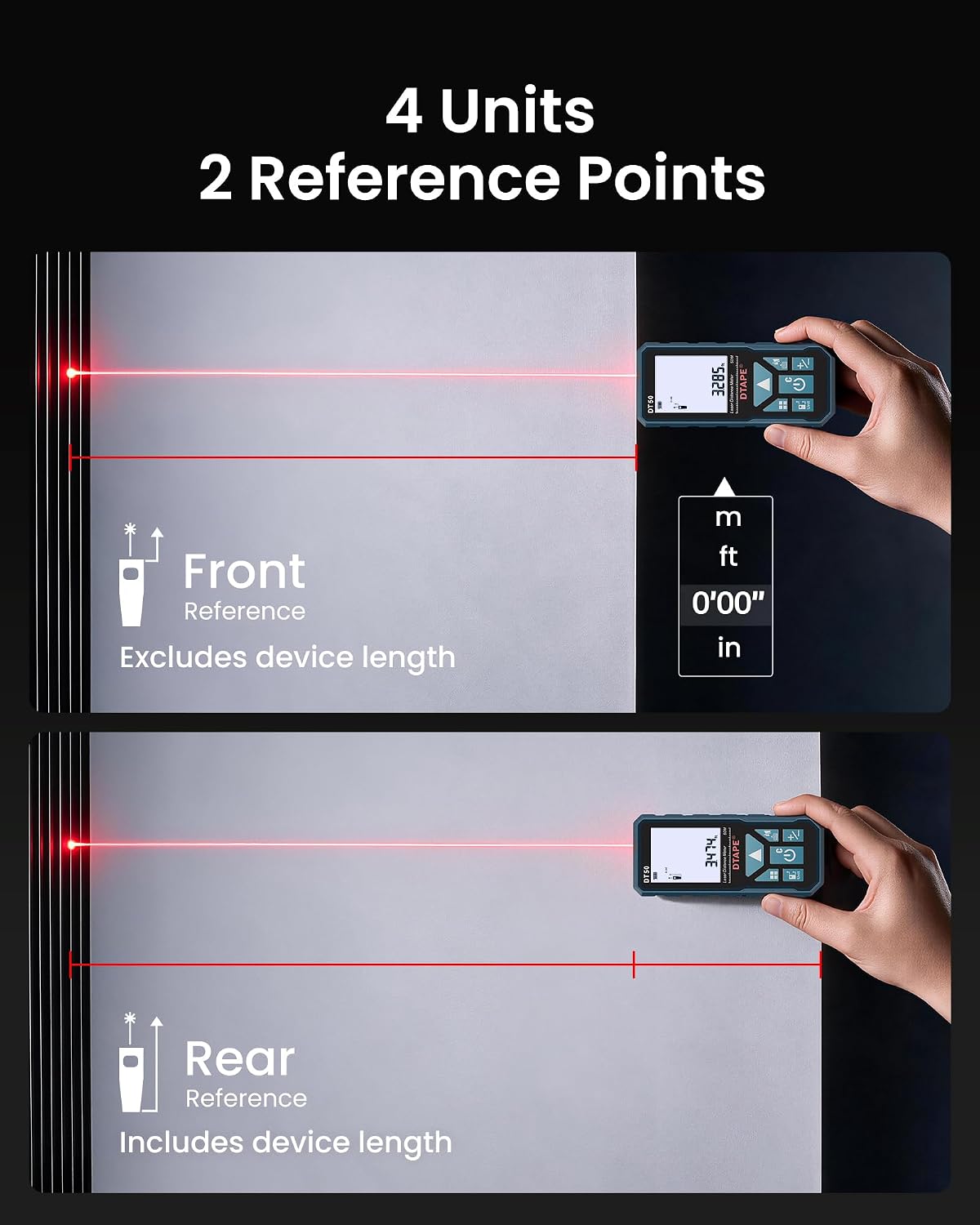 Laser Measure, DTAPE High-Accuracy Laser Measuring Tool, 2" Backlit LCD Display Laser Tape Measure, Ft/in/Ft+in/M Electronic Tape Measure, Distance/Area/Volume/Indirect Laser Range Finder