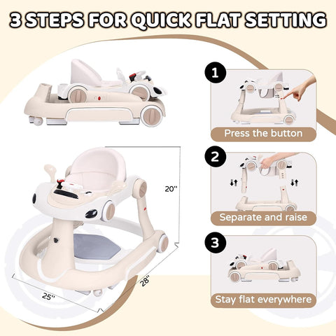 Baby Walker, 4-in-1 Baby Walker with Wheels Portable, Foldable Infant Toddler Walker for Boys Girls 6-18 Month,Removable Footrest,Car Steering Wheel & Music, Adjustable Push Walker Pink, Beige