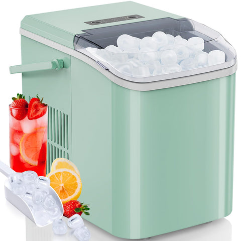 Sweetcrispy Countertop Ice Maker Machine Self-Cleaning, Fast Making 9 Ice Cubes in 6 Minutes, 26.5lbs/24Hrs, 2 Sizes Bullet Ice, Portable Ice Machine with Ice Scoop, Basket and Handle, Green
