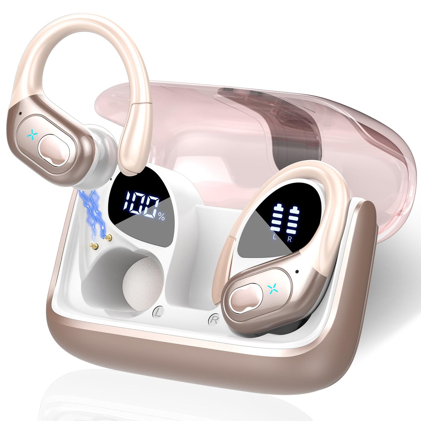 Aptkdoe Wireless Earbuds 75hrs Bluetooth 5.3 Headphone Sport, 2024 Bluetooth Earbuds Stereo Deep Bass Over Ear Bud with Earhooks, ENC Noise Cancelling Mic, IPX7 Waterproof Earphone Rose Gold