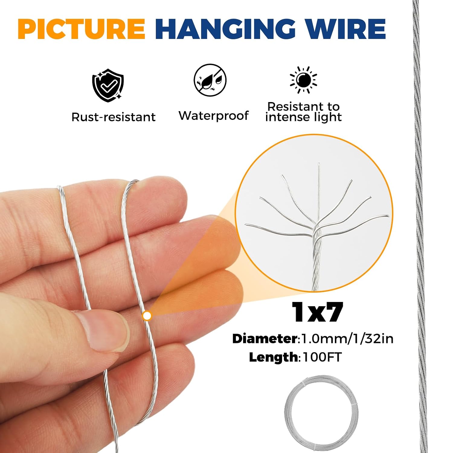 Picture Hanging Wire, 100 Feet Picture Frame Wire for Wall Frames, Canvas Paintings, Holiday Decor, Artwork,Garden Frames,Patio Decor, Photos, Supports Up to 30lbs