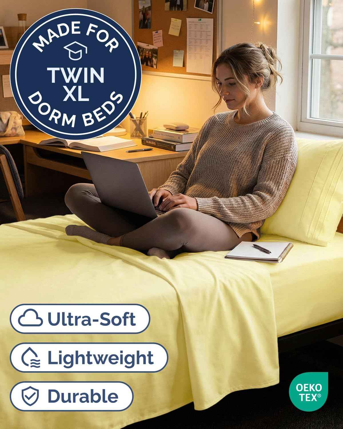 Twin XL 3 Piece Sheet Set - College Dorm Room Essentials - Yellow