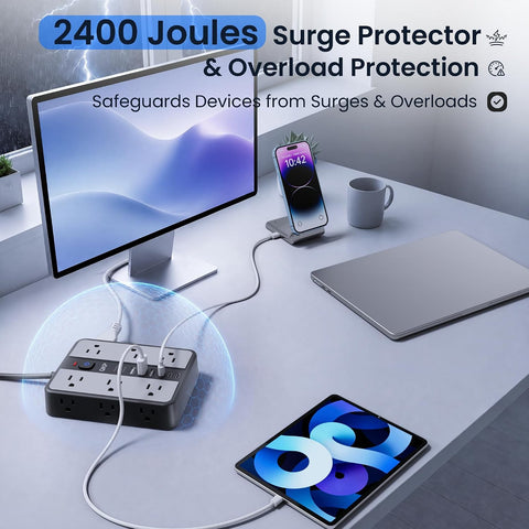 2400J Surge Protector Power Strip with 12 Outlets, 6 USB (3 USB C), 6 FT