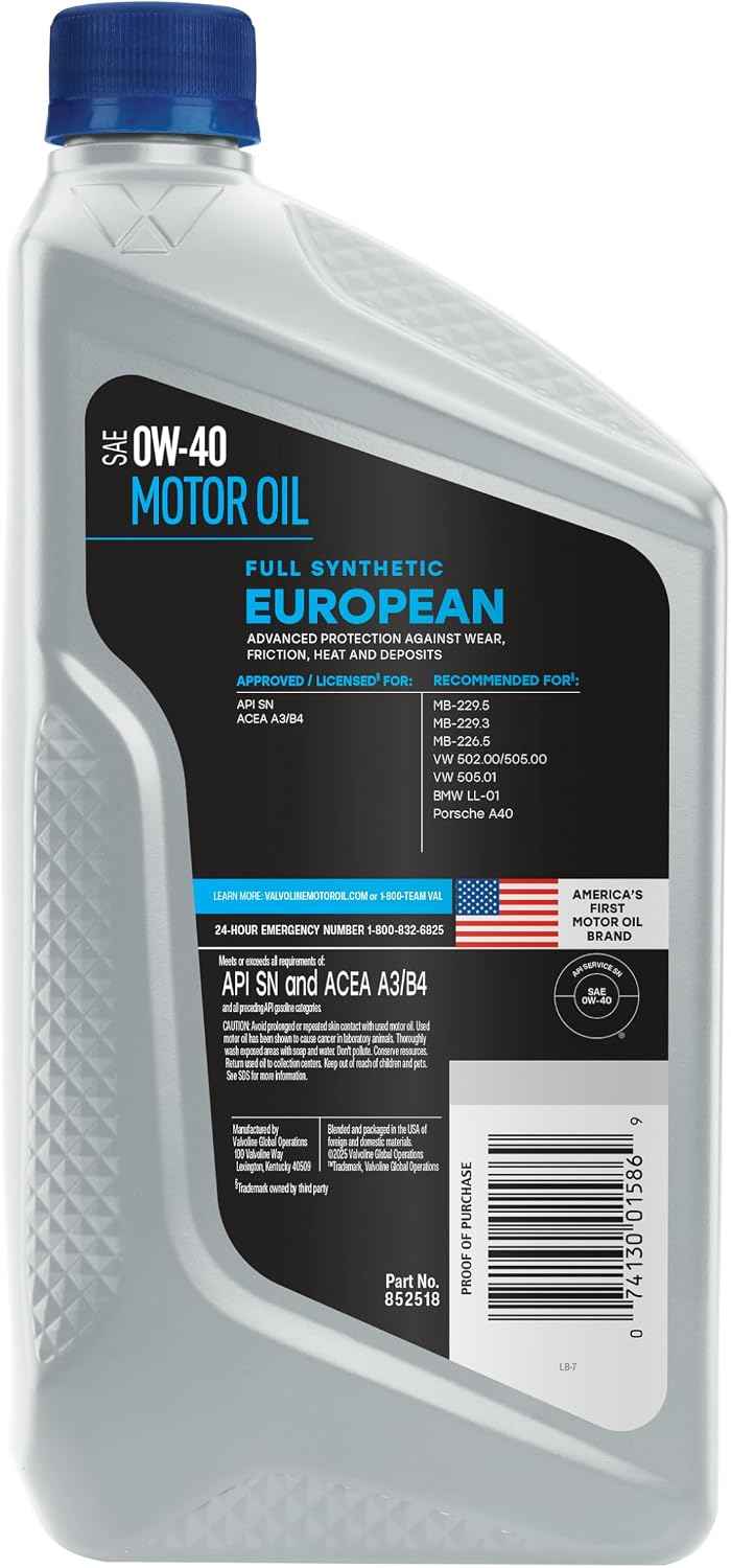 Valvoline European Vehicle Full Synthetic SAE 0W-40 Motor Oil 1 QT, Case of 6