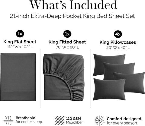 Southshore Fine Living, Inc. 6 Piece, 21 Inch Extra Deep Pocket King Sheet Set - Pet Hair Resistant Sheets, Fade Resistant for Easy Care, Oversized Flat Sheet, Dark Grey King Sheets - Slate