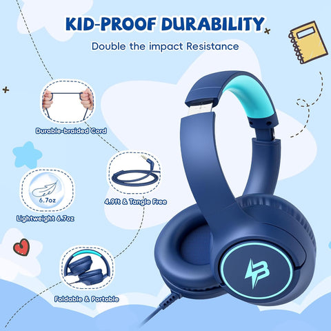 Kids Headphones Wired for School, 3.5mm Safe Volume Limited with Mic, Navy