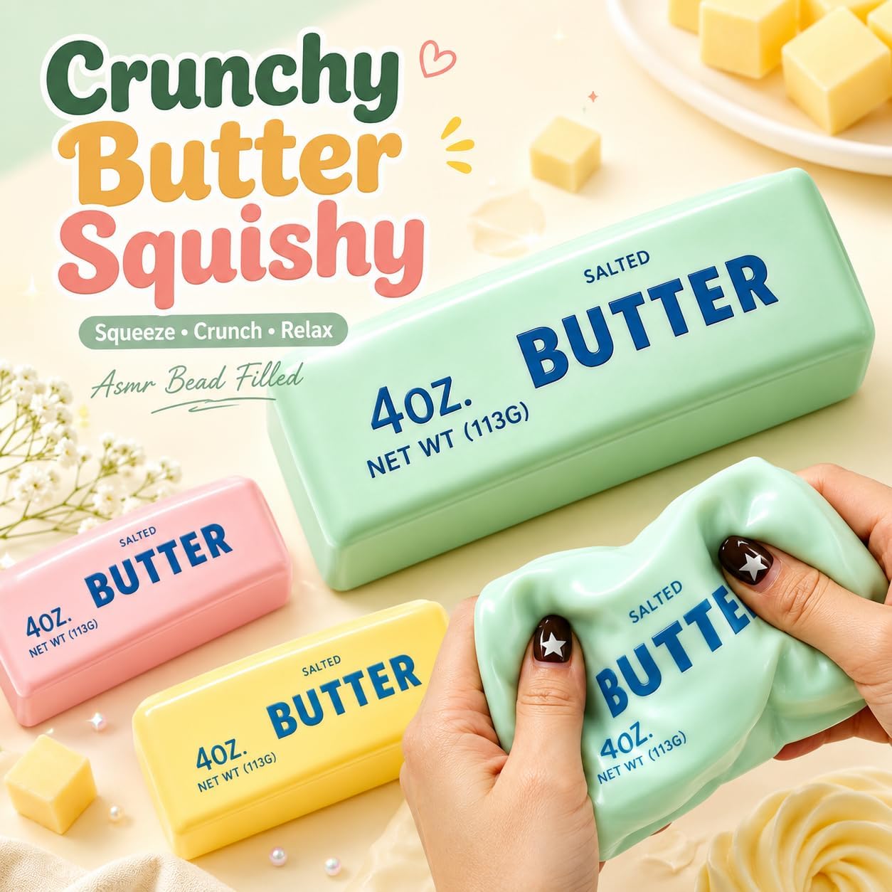 Crunchy Butter Squishy Asmr Bead Filled, Slow Rising Squeeze (Green Butter)