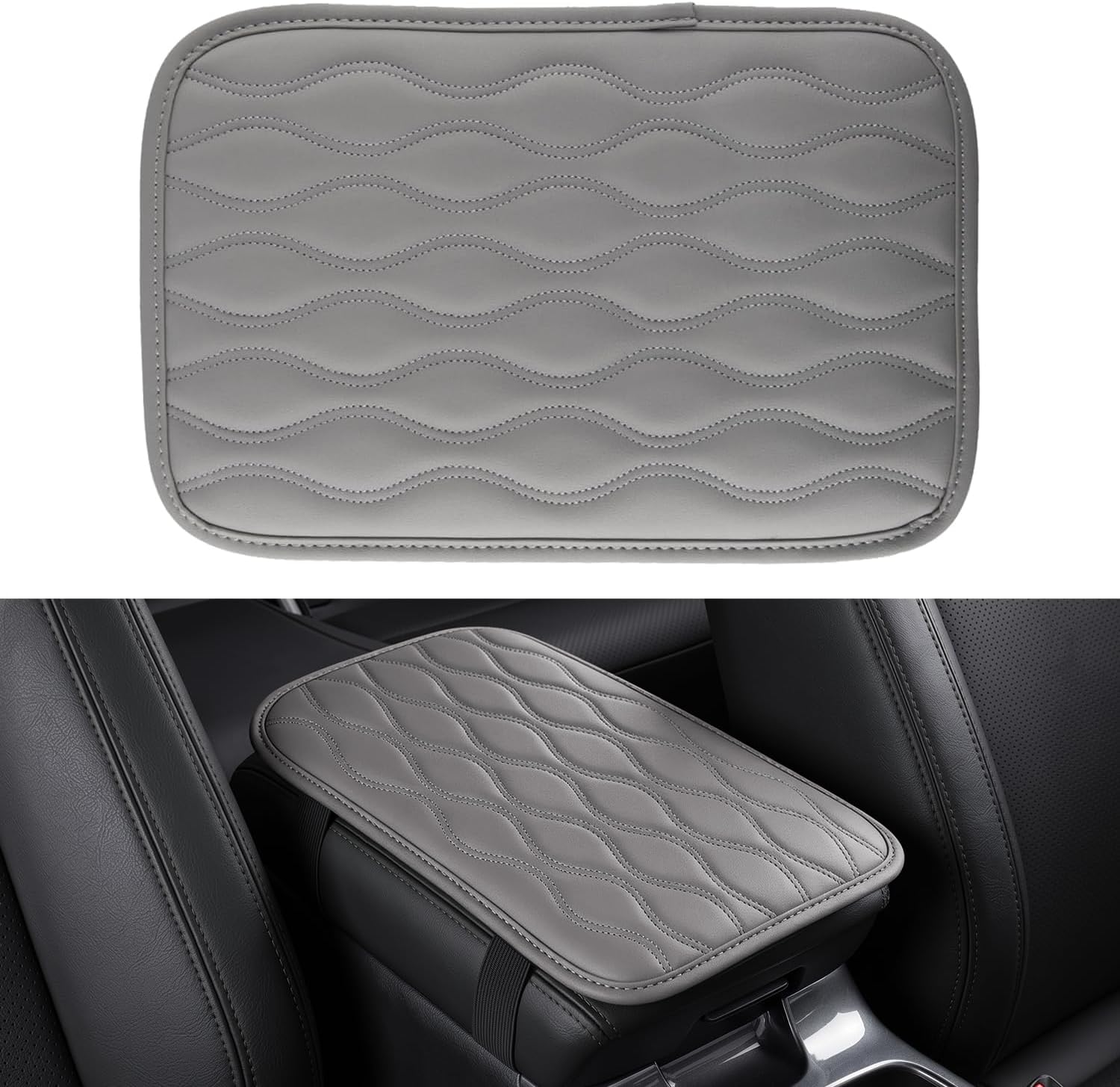 Amiss Car Center Console Cover, Upgraded Leather Car Armrest Cushion, Universal Waterproof Cushion Pad, Non-Slip Car Interior Accessories, Fits Most Sedans SUVs Trucks (Gray)