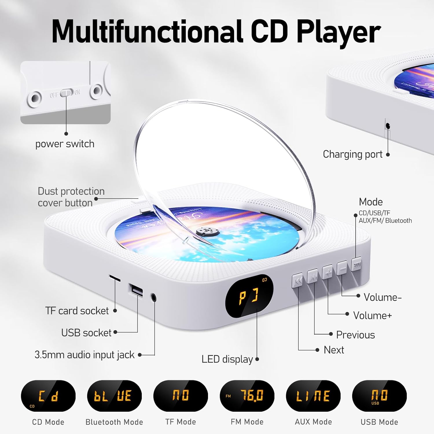 MICOCIOUS Bluetooth Portable Home CD Music Player with Remote Control, Timer, Built-in Speakers and LED Display - FM Radio Boombox (White)
