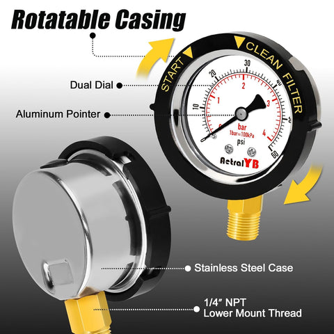 60Psi Pool Filter Pressure Gauge, IP67 Waterproof,2" Dial,1/4NPT