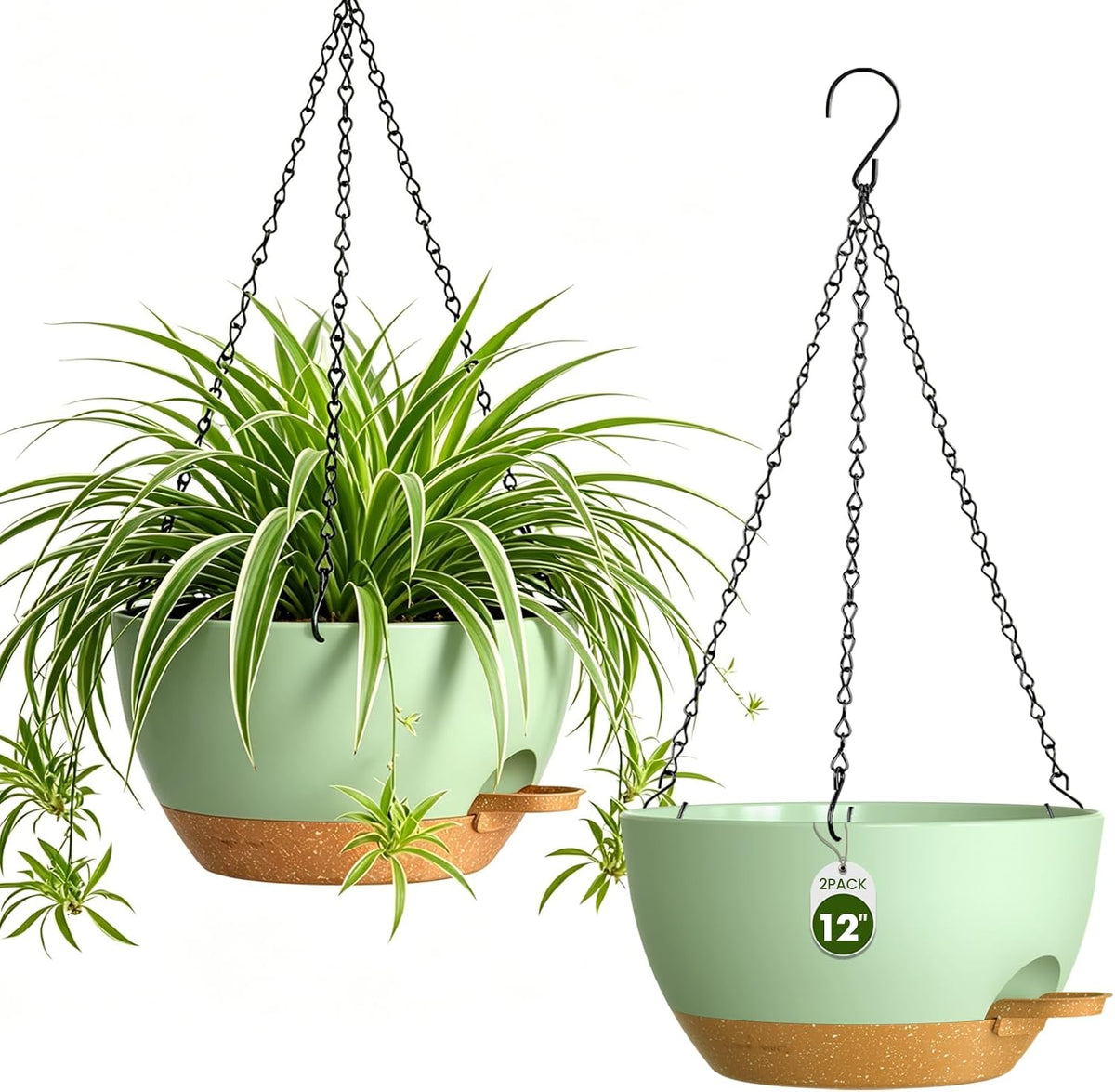 12 Inch Large Self Watering Hanging Planters 2 Pack with Saucers