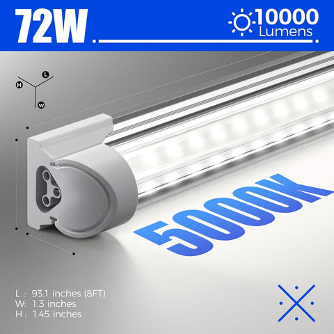 Barrina T8 LED Shop Lights 8FT, 72W 10000LM 5000K, High Output, 10 Packs