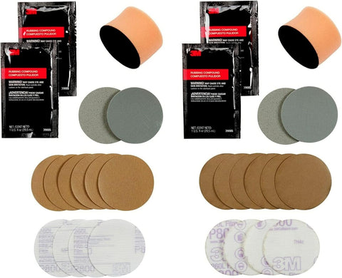 3M Headlight Lens Restoration Kit, Medium Duty 2-Pack, No Tools Required, Restores Cloudy Yellowed Plastic Lenses, Includes Sanding Discs, Rubbing Compound & Foam Pads