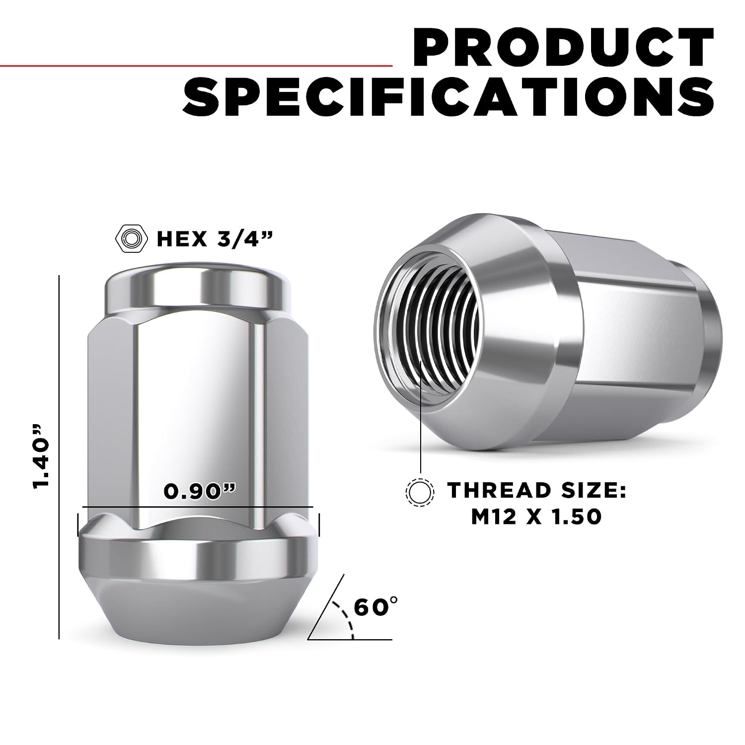 White Knight M12x1.50 Solid Piece Bulge Acorn Lug Nuts (NO Cap) for Select Aftermarket & Factory Wheels, EZ to Install, Durable Carbon Steel, Stylish Triple Layer Chrome Finish - 1907S-20AM (20 Pack)