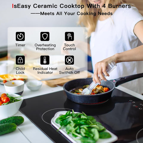 IsEasy Electric Cooktop 30 inch, 4 Burner Built-In Electric Cooktop, Drop-in Glass Cooker With Touch Control, 9 Power Levels, Child Safety Lock, Timer, 6700W